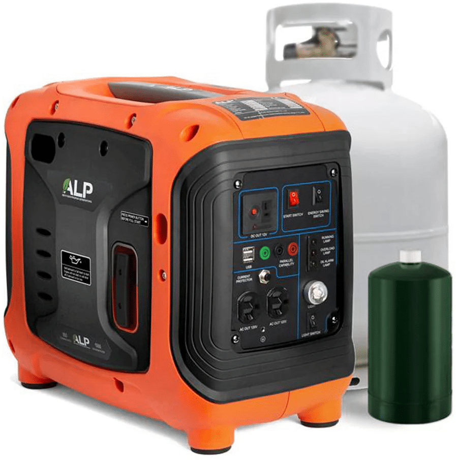 An orange portable generator sits beside a large white propane tank and a small green propane canister, all set against a white background.