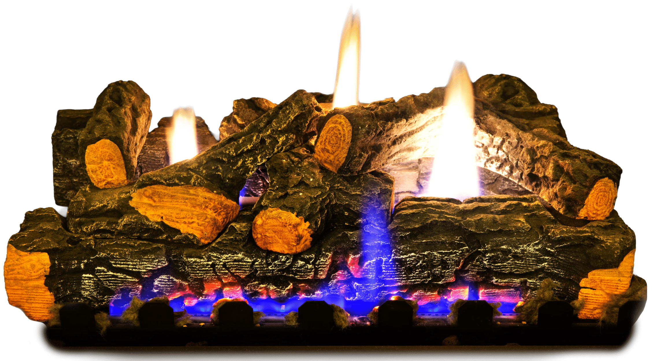 Artificial gas fireplace logs featuring a realistic wood texture and lifelike flames, with blue and orange fire glowing beneath the logs, all set against a plain white background.