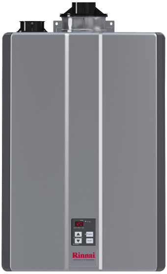A gray Rinnai tankless water heater featuring a digital display and control buttons, vent connections on the top, and a sleek rectangular design set against a plain white background.